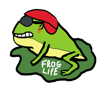 Frog Life design features a tough looking frog wearing a baseball cap, shades and an earring, with a teeth baring grin. On the lily leaf are the words 