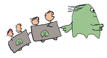 Drawing of a ghost train - a ghost pulling a train with carriages containing scared children