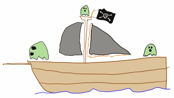 Drawing of a ghostly galleon - sailing ship with pirate ghosts on boatd