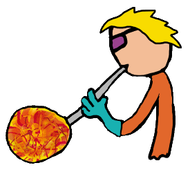 Hobbyist glass blower blows into molten glass creating a round shape.  Wears protective glasses.  Glassblowing is not just about blowing glass - there is all sorts of heating and shaping activity to creating artwork and glass sculpting.