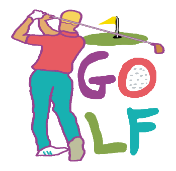 Golf design features a golfer teeing off, aiming a shot at the hole hundreds of yards away.  With large letters spelling out 