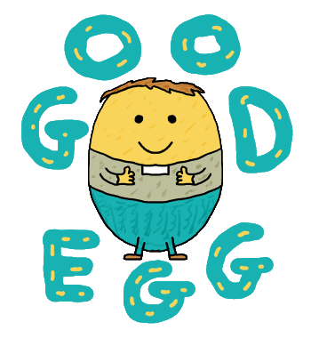 Good Egg features an egg wearing a dog-collar and giving thumbs up. This egg really is a good egg as indicated by the words around the design. A funny egg pun for good eggs!
