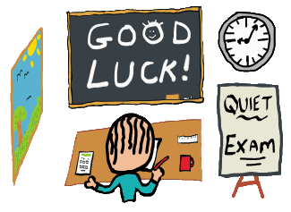 Good Luck Exams cartoon - student takes exam in classroom while outside the sun is shining.