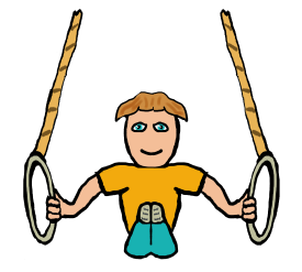 Gymnast athlete stretches arms out and holds on to pair of gymnastic rings.  Legs are raised and the pose held steady on the gym rings.