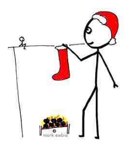Stickman hangs up Xmas stocking over the fireplace