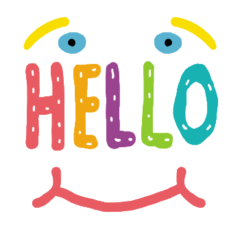 Hello design features the word in large letters with a smile below and eyes and eyebrows above. All in a fun colorful style.