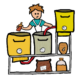 A master brewer stands behind complicated home brewing equipment.  Micro brewing is a fancy name for a tradition that goes back centuries and more.  Real hops and barley into a craft beer - made and consumed at home.