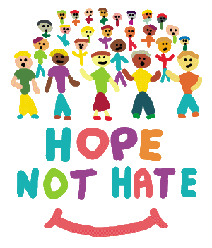 Hope Not Hate is a fun, positive and colorful hand drawn design showing many different people standing together with the words 
