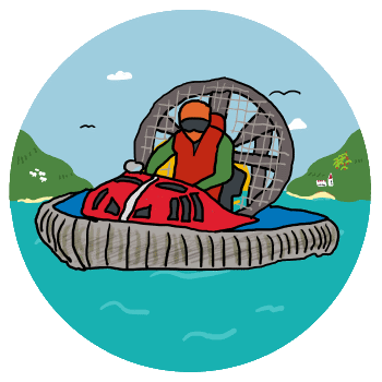 Hovercraft design shows experienced pilot driving a hovercraft at high speed for thrills and relaxation.