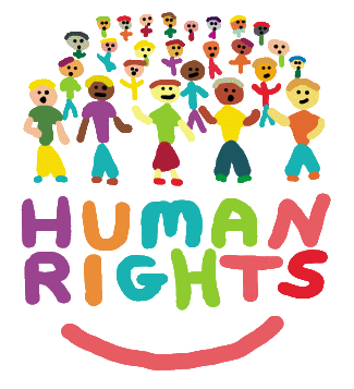 Human Rights design shows a variety of people celebrating humanity, friendship and equality, with a large 