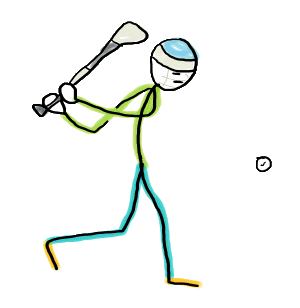 Hurling Stickman is about to whack the ball with their hurley stick. A fun hand-drawn design shows our player with protective helmet in an all-action picture for the wonderful game of hurling.