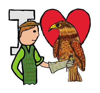 I Love Falconry shows a falconer with bird of prey perching on gloved hand in front of an I Love symbol.