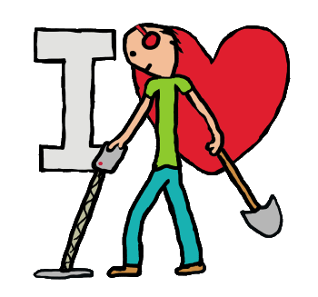 I Love Metal Detecting features a keen detectorist with metal detector in front of an I Love motif.  Hand drawn design for metal detecting fans!