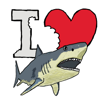 I Love Sharks shows a hand drawn shark with an I Love symbol behind.  Looks like someone has taken a bite out of the design. A fun image for shark fans!