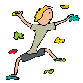 An indoor climber makes their way up the climbing wall in this fun graphic. Indoor climbing is a great way to learn the basics of climbing and practice in relative safety.