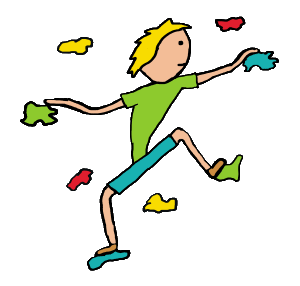 An indoor climber makes their way up the climbing wall in this fun graphic. Indoor climbing is a great way to learn the basics of climbing and practice in relative safety.