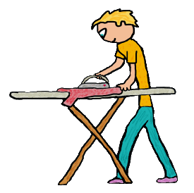 Ironing Laundry Chore design features a laundry enthusiast demonstrating the hold and steam iron technique.  For people who iron clothes!