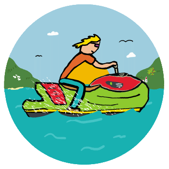 A jet ski pilot guides powerful craft out to clear waters. Time for some jetski action.