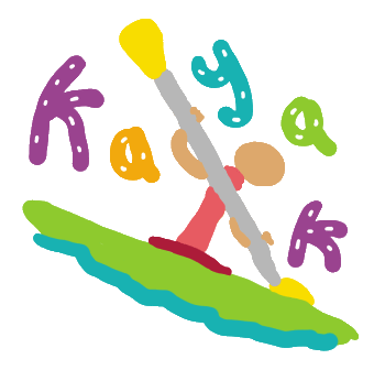 Kayak design features a cool kayaker holding paddle high as they navigate through fast water. Kayak, helmet, paddle and the letters surrounding makes a fun image for kayaking fans.