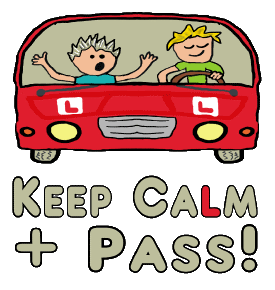 Keep Calm Driving Test shows a driving instructor and pupil taking test in funny car cartoon. The instructor is panicking but the new driver is calmly handling the car. A good luck, keep calm message for anyone looking to take their test.