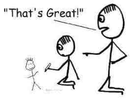 Parent praising child's stick drawing