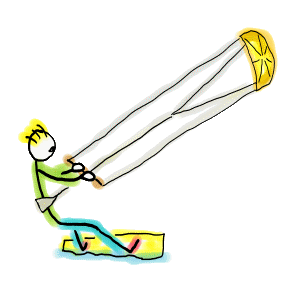 A fun hand drawn kiteboarding design shows a stickman kitesurfer using kite and board to travel across the water.
