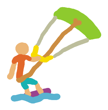 A fun Kitesurfing or Kiteboarding design shows a boarder plus kite and wakeboard riding the waves and using the wind to get motion.