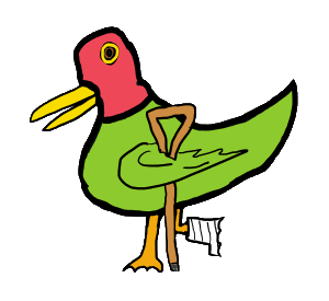 Lame Duck is a fun hand-drawn design featuring a duck trying to waddle around while wearing a plaster cast and using a wooden crutch. 