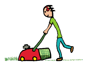 Lawn Mowing design features high speed grass cutting action with electric lawnmower and expert greenkeeper.  For mowing enthusiasts and lawnmowing fans.