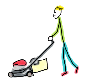 Lawn Mowing Stickman is a fun hand drawn design featuring a gardener with lawn mower on a perfect day for cutting the grass.