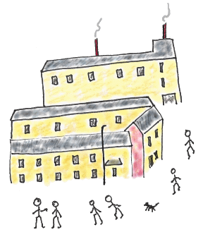 Lowry style drawing - matchstick men and industrial buildings