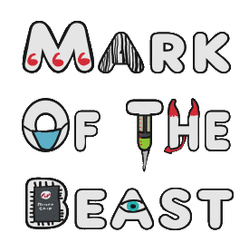 Mark Of The Beast design shows a number of ideas in a single graphic. The 666 in the M, a barcode in the A, facemask in the O, syringe in the T, horns and a tail in the H, microchip B and an illuminati eye in the last A. For fun, a warning or a fun conversation starter.