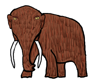 A Mastodon looks at the viewer.  Has long tusks, hairy coat, small eyes and ears and a long trunk.
