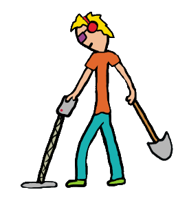 Metal detecting - using detector to search for treasure and carrying shovel to dig it up