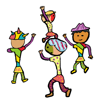 Molly Dancing design shows four Molly Dancers in various costumes dancing around.