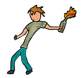 Molotov Cocktail design shows a protester in mid-throw.  Grunge style graphic celebrates the great equalizer, the Molotov Cocktail.