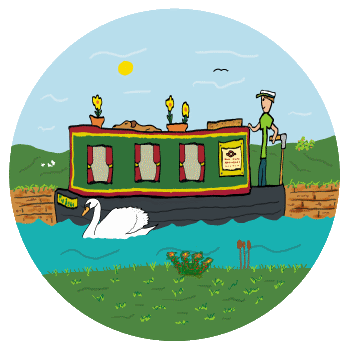 Fun narrowboat design features proud captain piloting narrow boat through the locks and waterways at a tranquil pace.  Complete with ships dog, flowers and other details, a hand drawn graphic for canal boat dwellers, owners and holidaymakers.