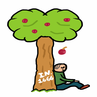 Newton sits under the apple tree while an apple falls on his head