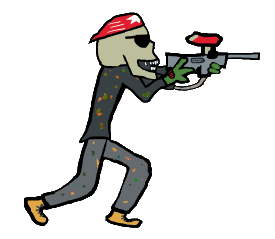 Paintball design shows a paintballer mounting an assault on the enemy lines.  For paintballing and airsoft fans.