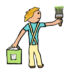 Painter and Decorator design shows a painter dressed in overalls with a bucket of paint in one hand and a loaded paintbrush in the other. For people who enjoy painting and decorating!