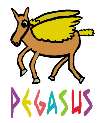 Pegasus the winged flying horse from Greek Mythology.  Hand drawn fun design shows Pegasus with wings in full flight. For Greek horse myth fans.