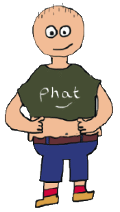 Fat stick man rests hands on belly while wearing too tight tee with 