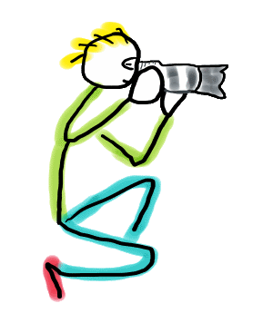Photography Stickman shows a fun hand drawn photographer crouching down to get the perfect picture.
