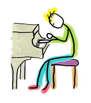 Stickman Pianist in full flow - leaning into the keys with colorful energy and expressive charm. This hand-drawn design features bold black lines and a playful wash of color: green torso, blue legs, red feet, and yellow hair, seated on a purple stool at a stylized beige piano. A celebration of musical joy, perfect for pianists, music lovers, or anyone who plays with feeling.