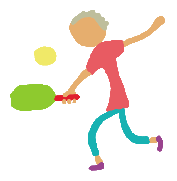 Pickleball design features expert player at full stretch with pickle ball and bat.