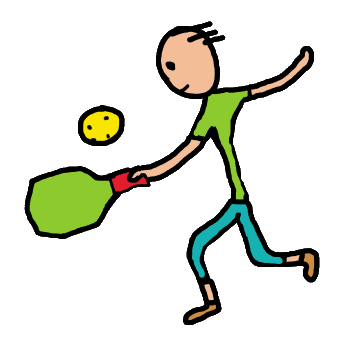 Pickleball design features expert player at full stretch with pickle ball and bat.