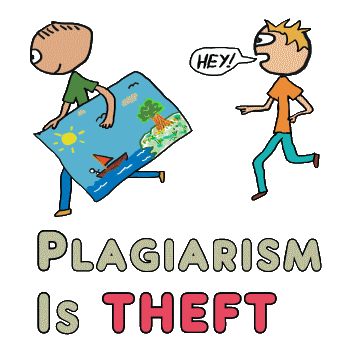 Plagiarism is Theft design shows artwork being stolen by a thief, while the copyright owner and creator runs behind shouting 