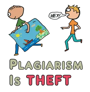 Plagiarism is Theft design shows artwork being stolen by a thief, while the copyright owner and creator runs behind shouting 