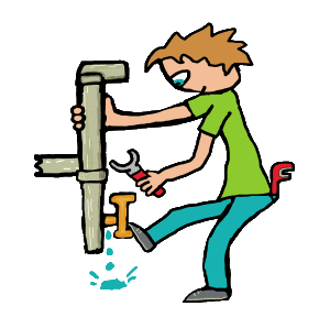 Humorous plumbing design shows a plumber fixing a leaky pipe.  Plumbing is a key building trade and one of the essential emergency services.  Fortunately our plumber knows exactly what to do.