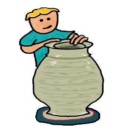 Pottery Making design shows a potter at a potter's wheel lovingly creating a new piece of ceramic art. Contains wheel base, large formed pot and potter with hands caressing and shaping the clay. Fun illustration for pottery makers and ceramic artists.